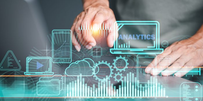 Businessman hands are analyzing the business, future big data analytics technology concept on the VR screen, data management and business marketing and financial reports to optimize development.